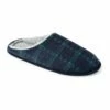 Men's Navy And Green Checked Fleece Lined Slip On Mule Slippers