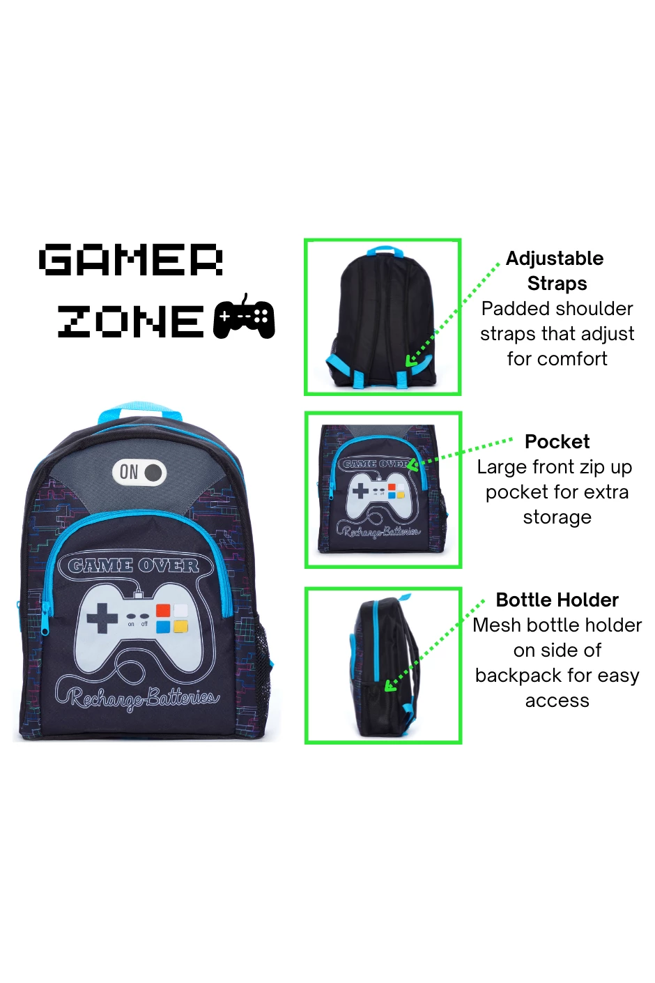 Game Over Recharge Batteries School Bag, Kids Boys Gamer Backpack 8 Game Over Recharge Batteries School Bag, Kids Boys Gamer Backpack - Image 6