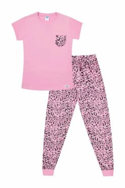 Women's And Girls Matching Pink Animal Print Pocket Long Pyjamas
