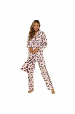 Women's Multi Coloured Leopard Print Button Through Pyjama Set With PJ Bag