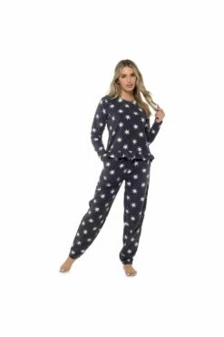 Women's Star Print Fleece Twosie With Ruffle Hem Top In Navy