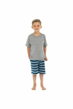 Boys Cotton Striped Blue And Grey Short Pyjamas
