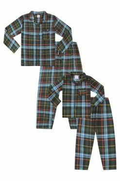 Men's And Boys Matching Brushed Cotton Green And Blue Checked Long Pyjamas -pajamas shop PJF220119 14 SET