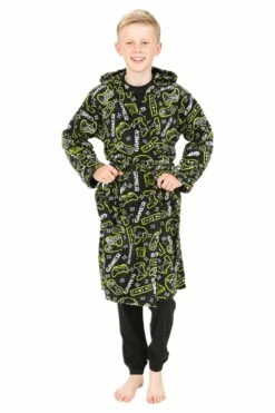 Boys Black Gamer Fleece Dressing Gown