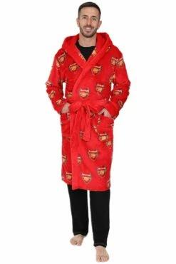 Arsenal F.C. Mens Red Official Dressing Gown Fleece Hooded Robe W23