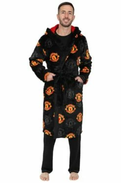 Manchester United F.C. Mens Official Dressing Gown Fleece Hooded Man Utd Robe