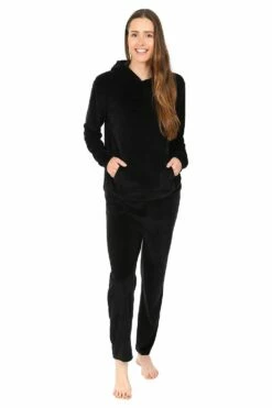 Girls Black Velour Hooded Lounge Set Tracksuit